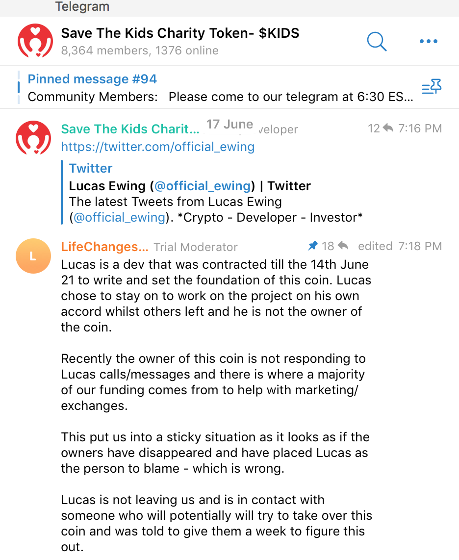 A screenshot of the Save the Kids Telegram announcement