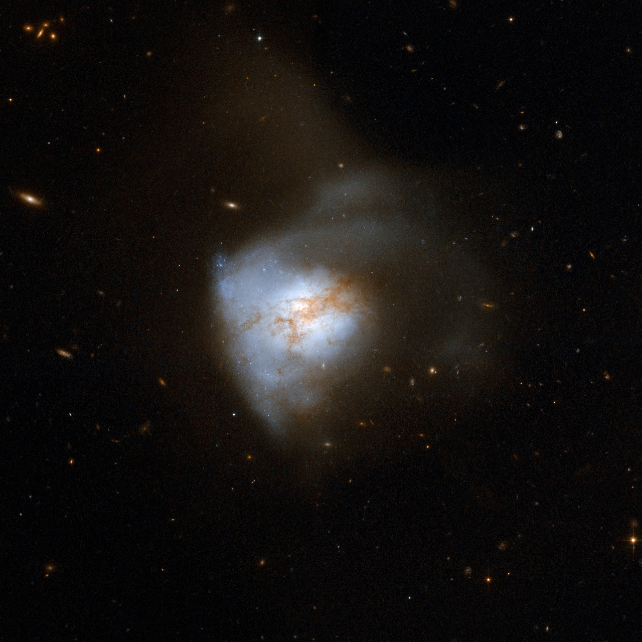 Arp 220 is a dense starburst galaxy that is only 5 percent as wide as our own Milky Way Galaxy but contains an equal amount of gas.