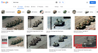 Bing blocked image searches for the historic 'Tank Man' Chinese protest photo. It's fixed now.