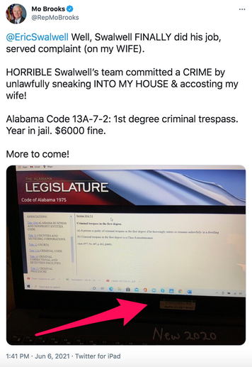 A screenshot of the since-deleted tweet from Rep. Mo Brooks containing sensitive information. Mashable has blurred the PIN.