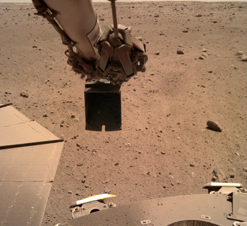 InSight's scoop can be seen lifted above the solar array on the left side of the image before it drops sand.