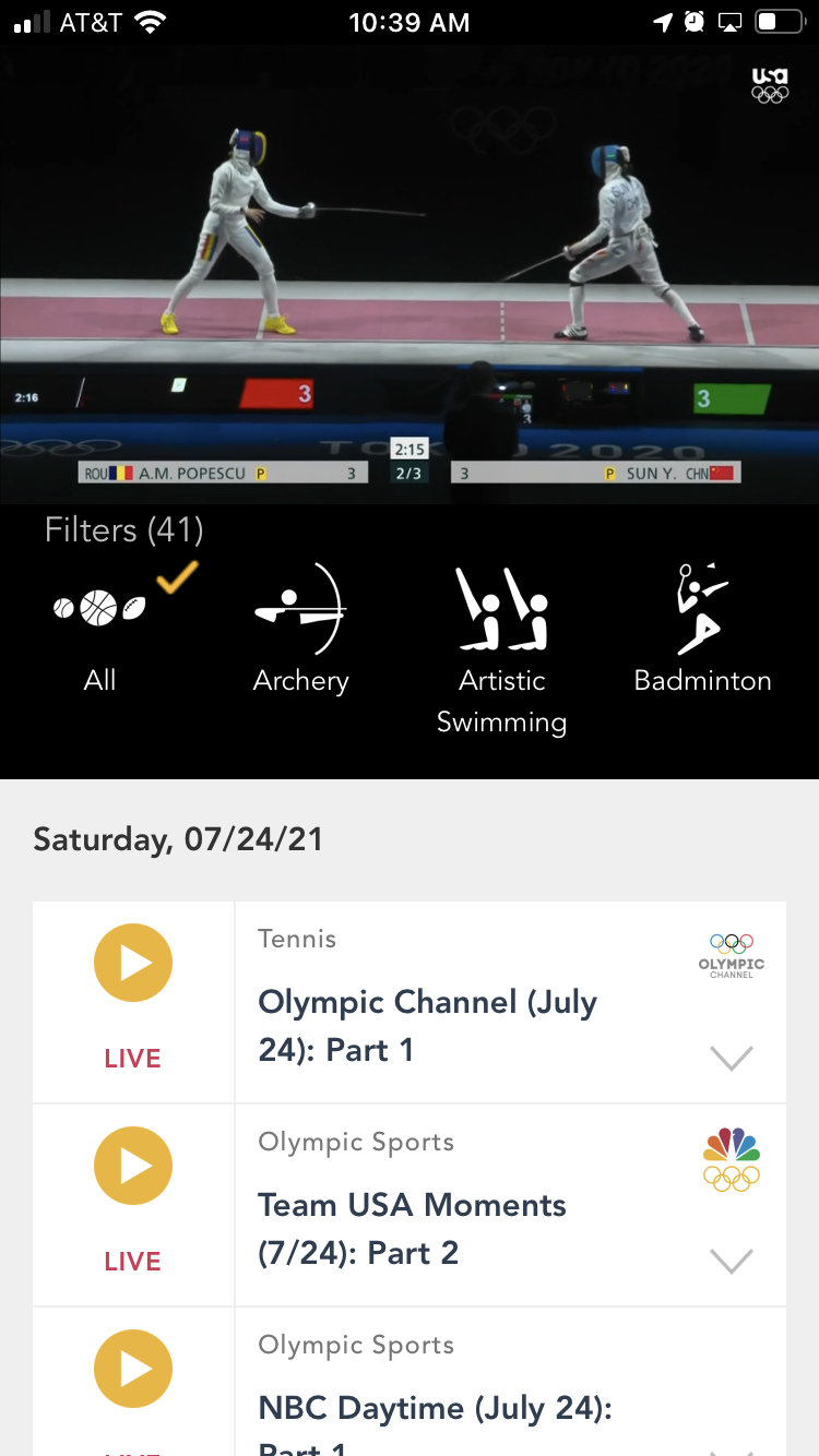 Watching Olympic fencing on the NBC Sports app.