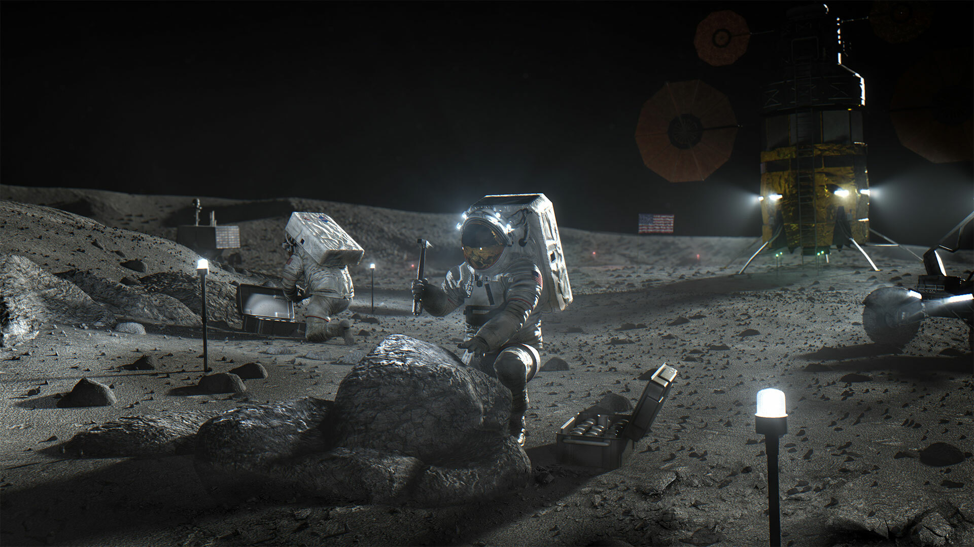 An illustration from NASA's official online materials about the Artemis program show astronauts working on the moon with a portion of a rover visible on the right.