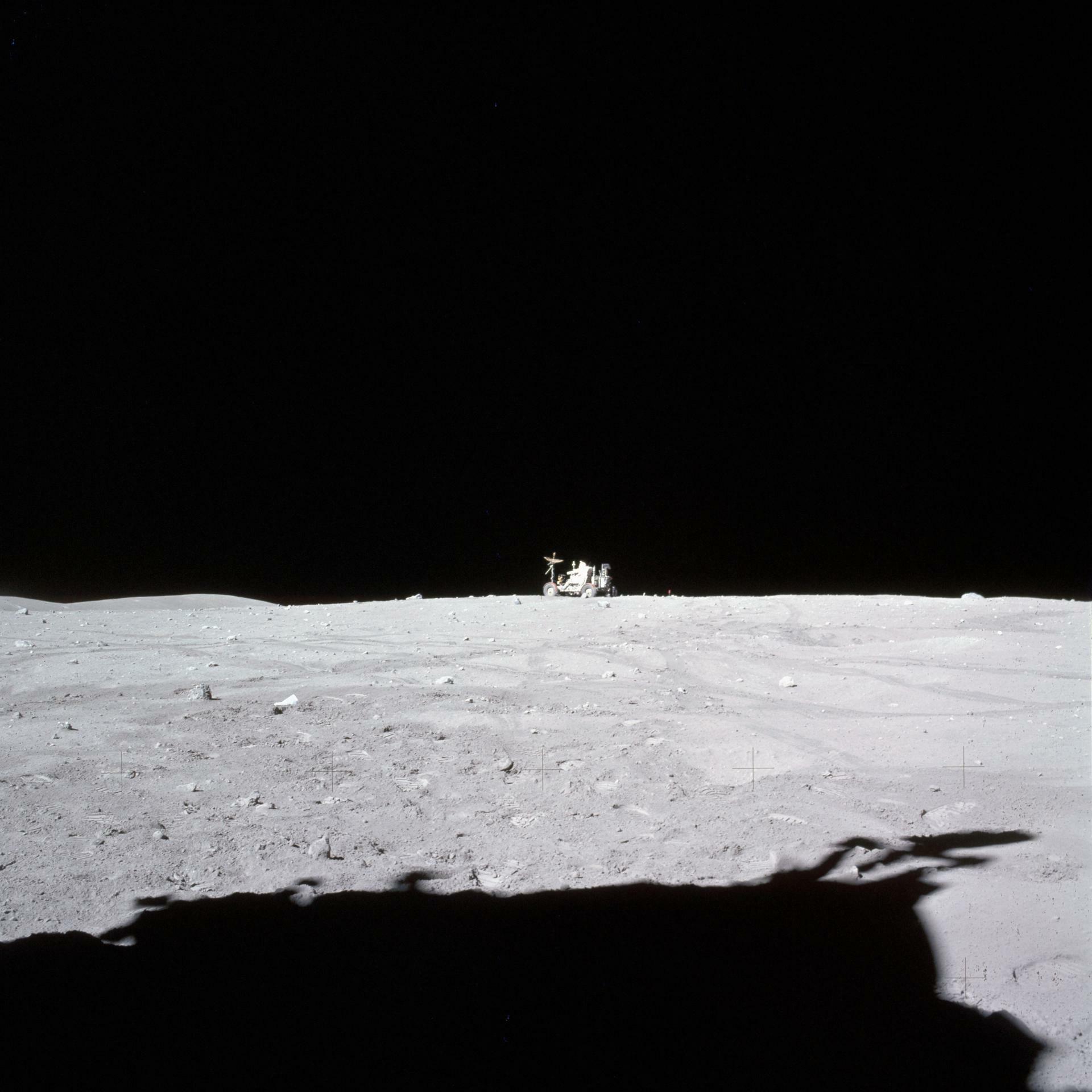 Toward the end of the Apollo 16 mission in 1972, astronaut John Young drives the Lunar Roving Vehicle to a parking spot where it still sits on the moon today.