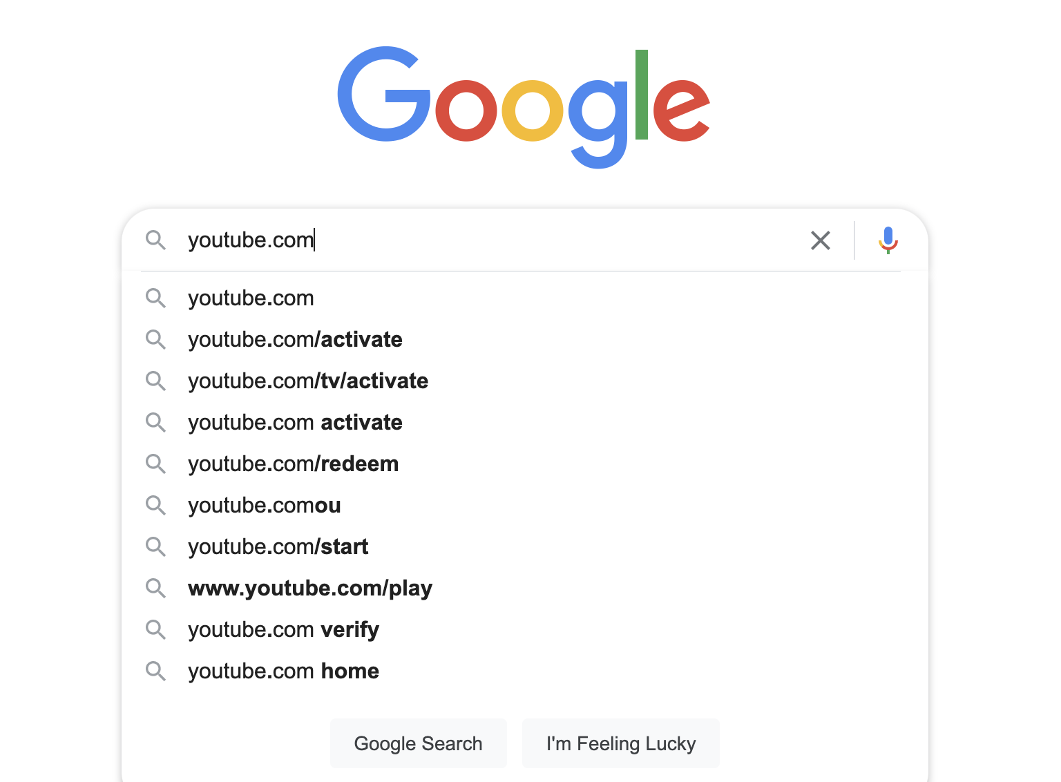 A Google search showing the autocomplete predictions for "YouTube.com."