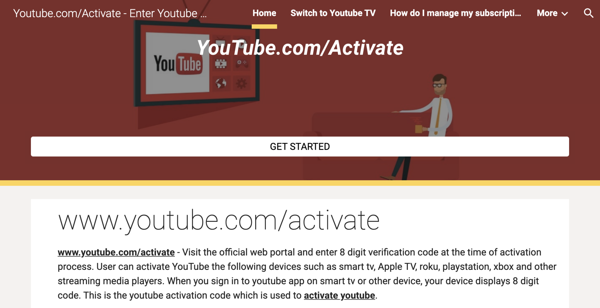 A screenshot of the fake YouTube website hosted on Google Sites.