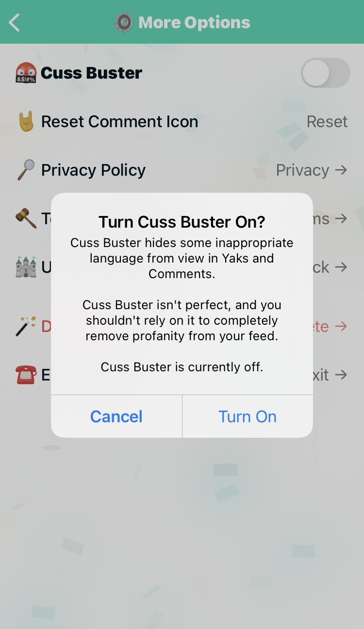 Tap "Turn On" to confirm you want to censor swearing on Yik Yak.