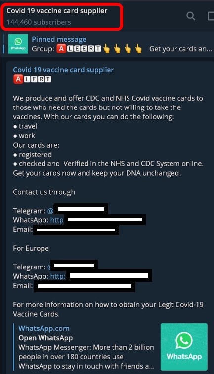 A Telegram group advertising fake vaccine card sales.