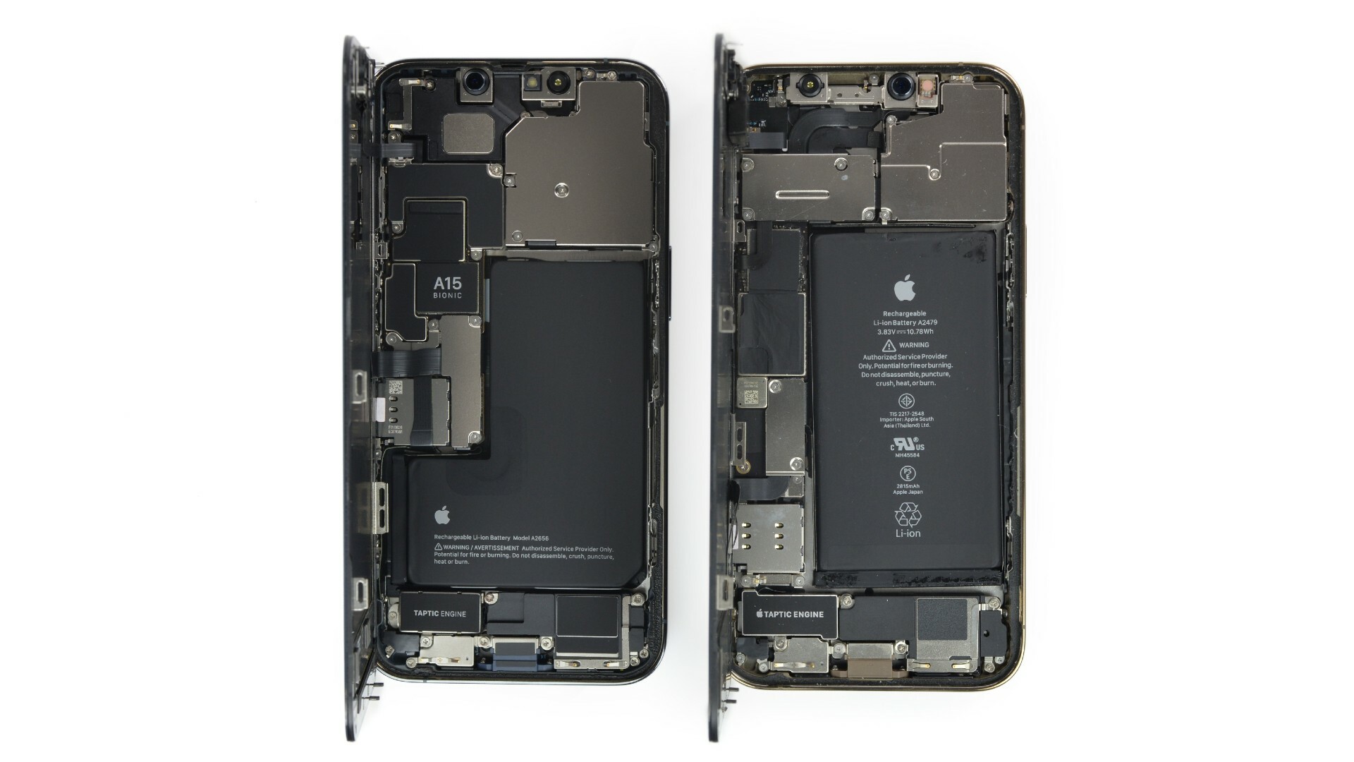 On the left, the iPhone 13 Pro. On the right, the iPhone 12 Pro.