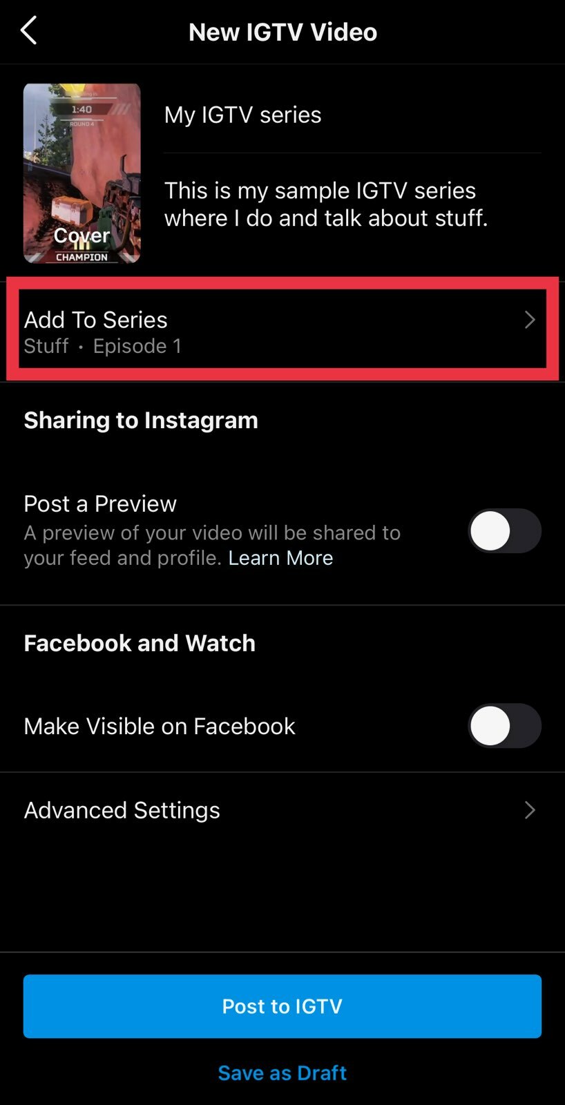 Your series title and episode number will appear under "Add to Series."