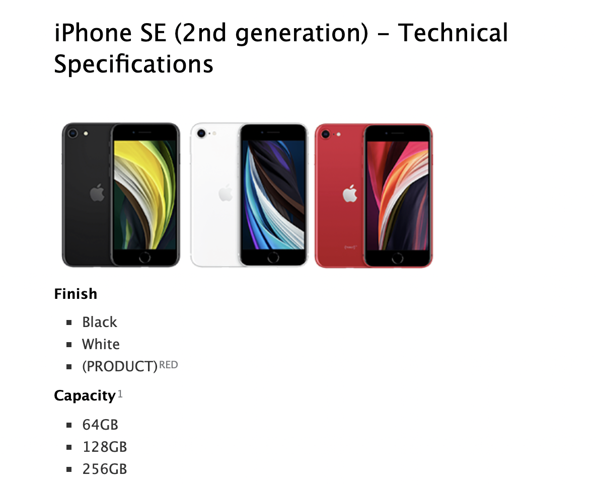 Apple's original tech specifications for the second-gen iPhone SE, however, show that the 256GB variant does exist.