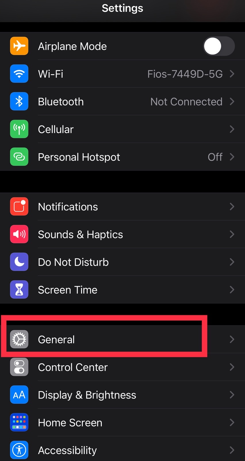 iPhone general settings