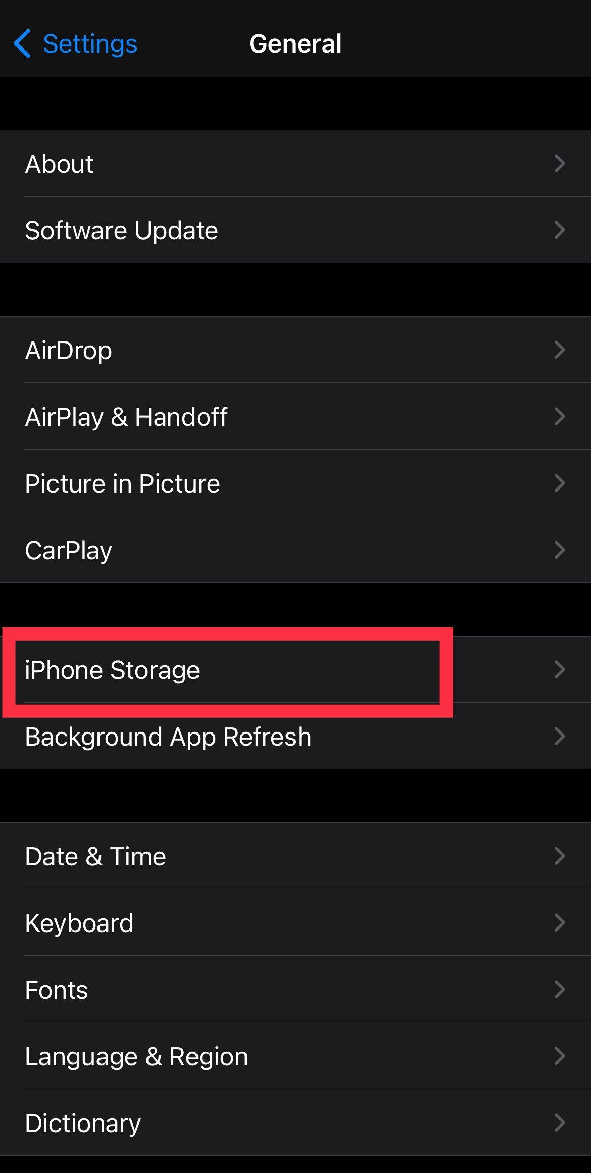 iPhone storage in settings