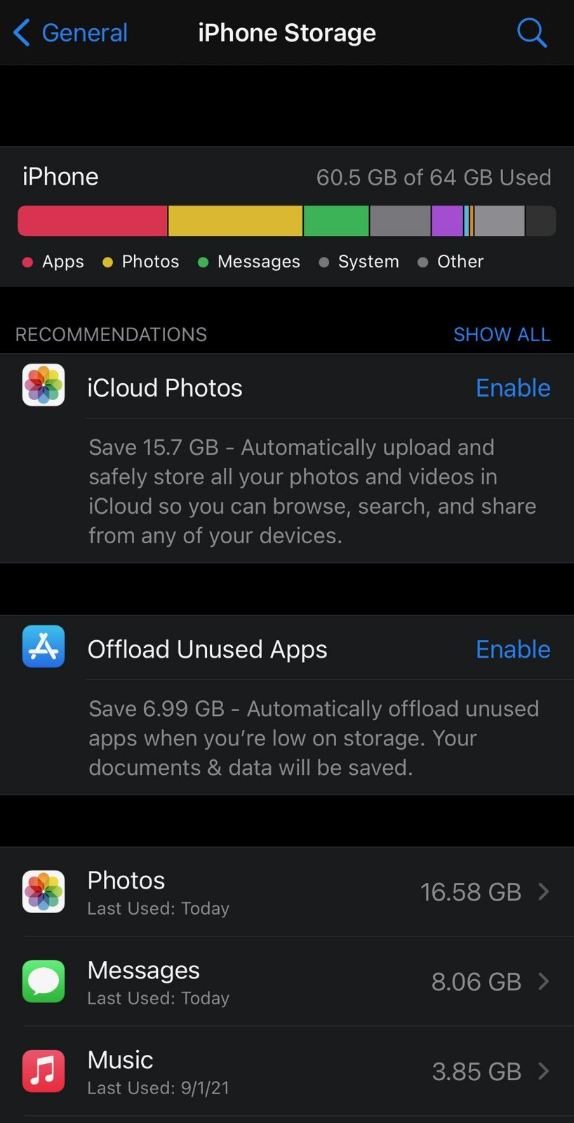 iPhone storage menu — essentially your home base for iPhone de-cluttering