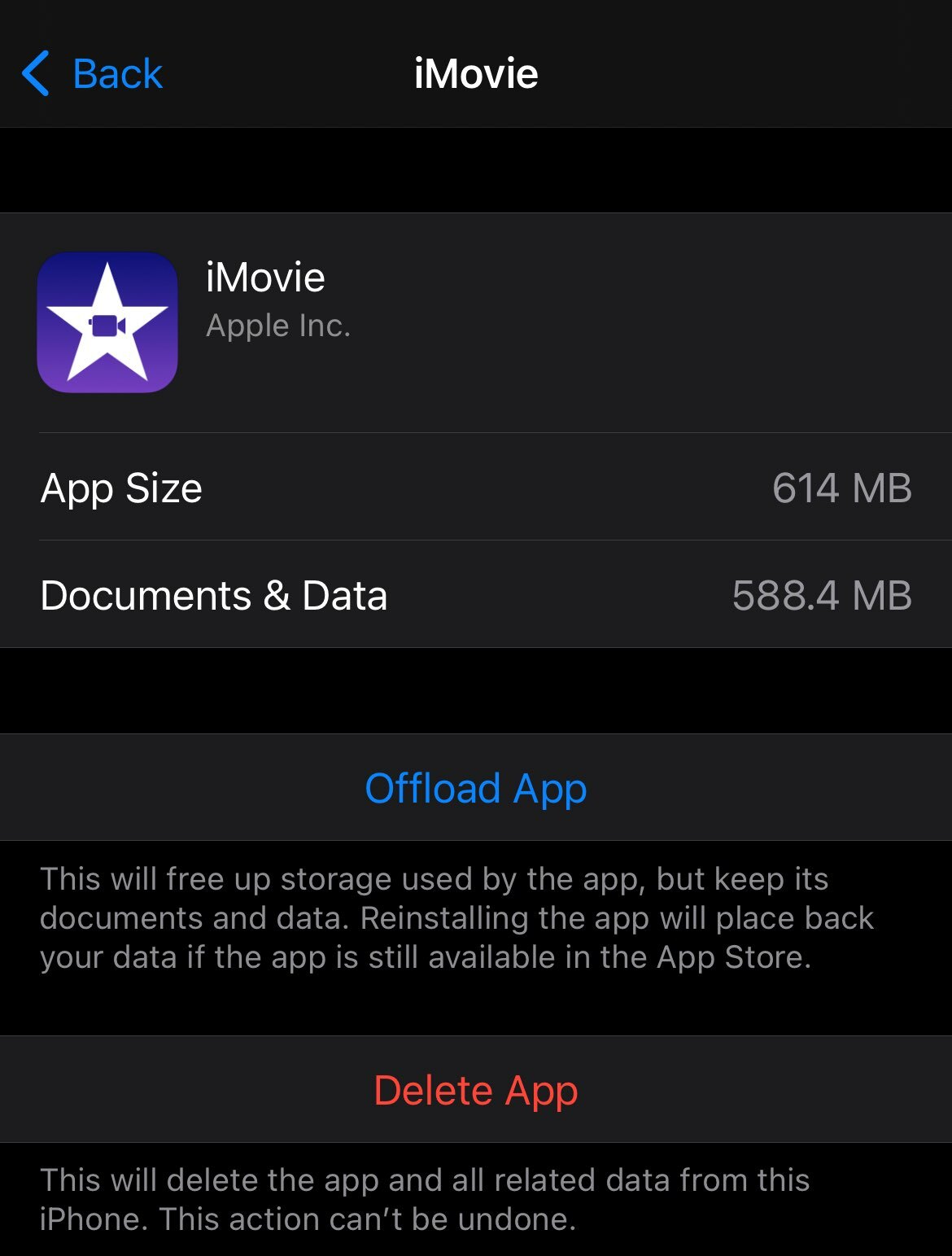 iMovie storage info and options