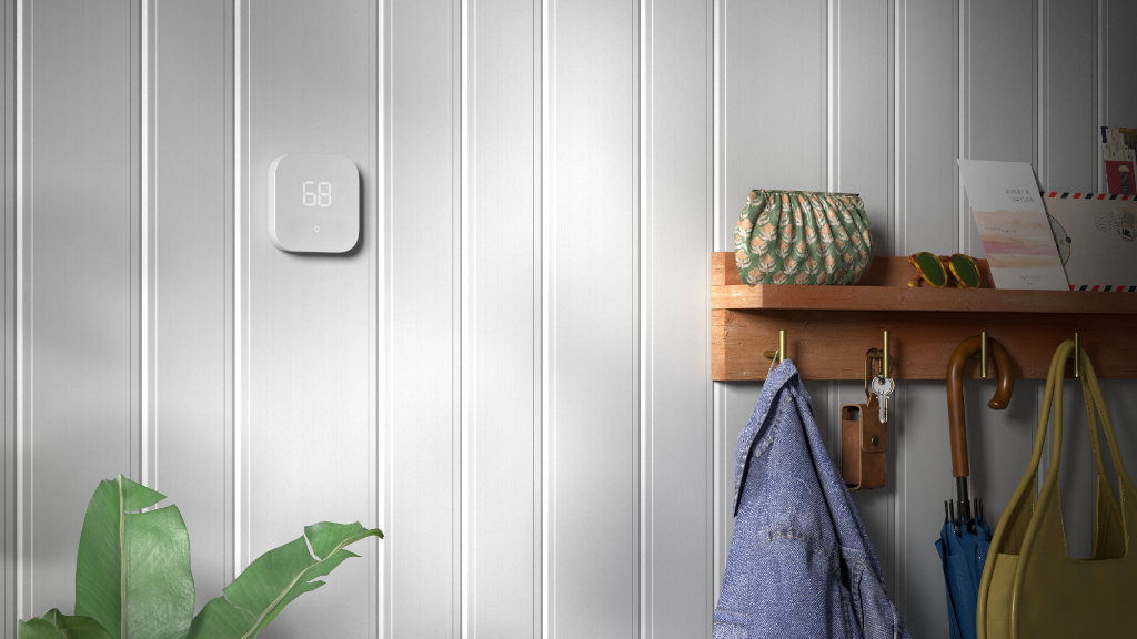 amazon smart thermostat mounted on a wall next to a coat rack