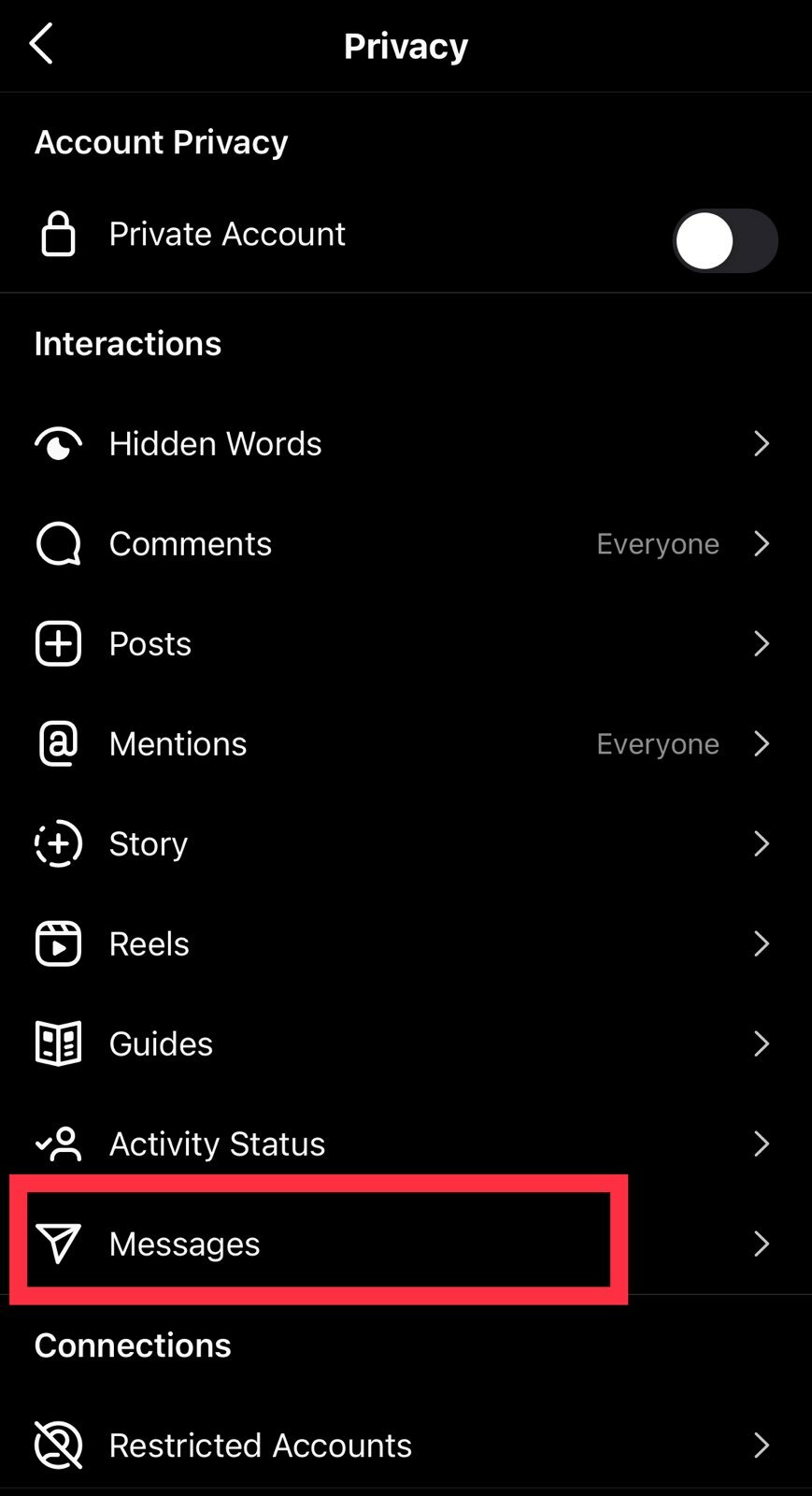 Find "Messages" in your privacy settings.