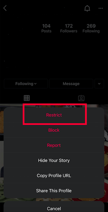 Tap "Restrict" in the popup menu after tapping the three dots in the top right corner.