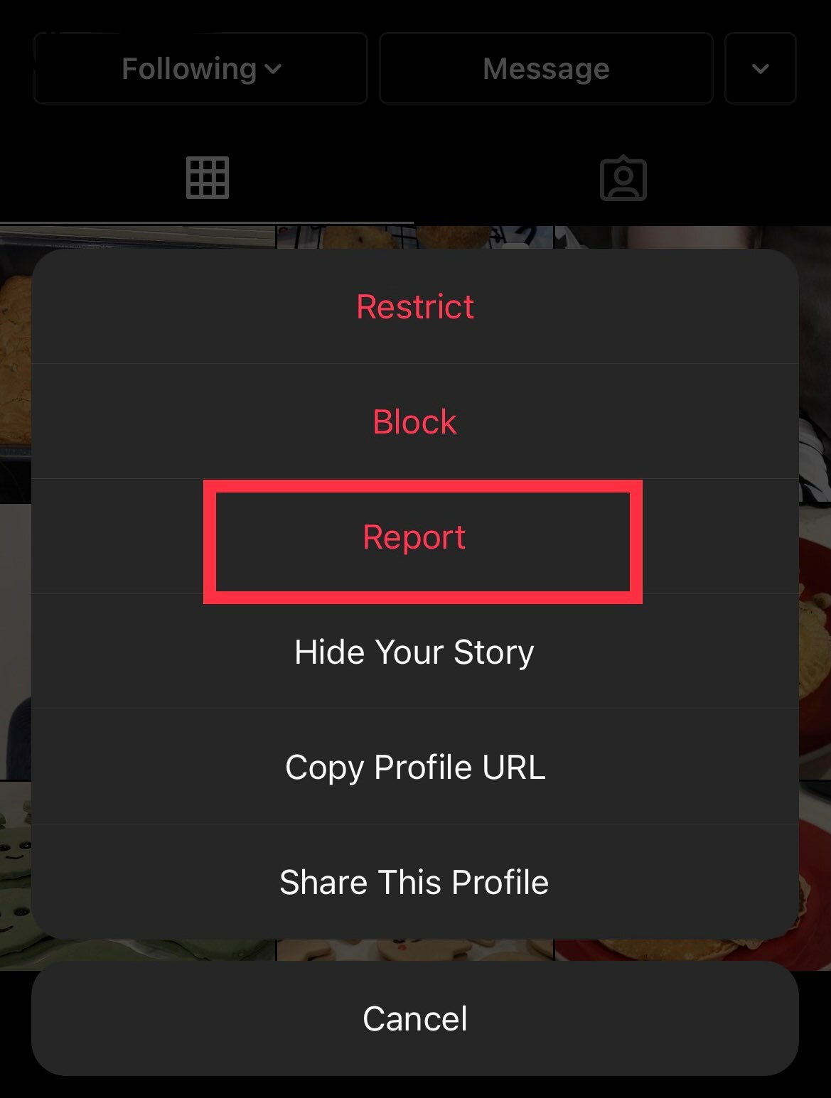 Tap "Report" after tapping the three dots in the top right corner of the profile.