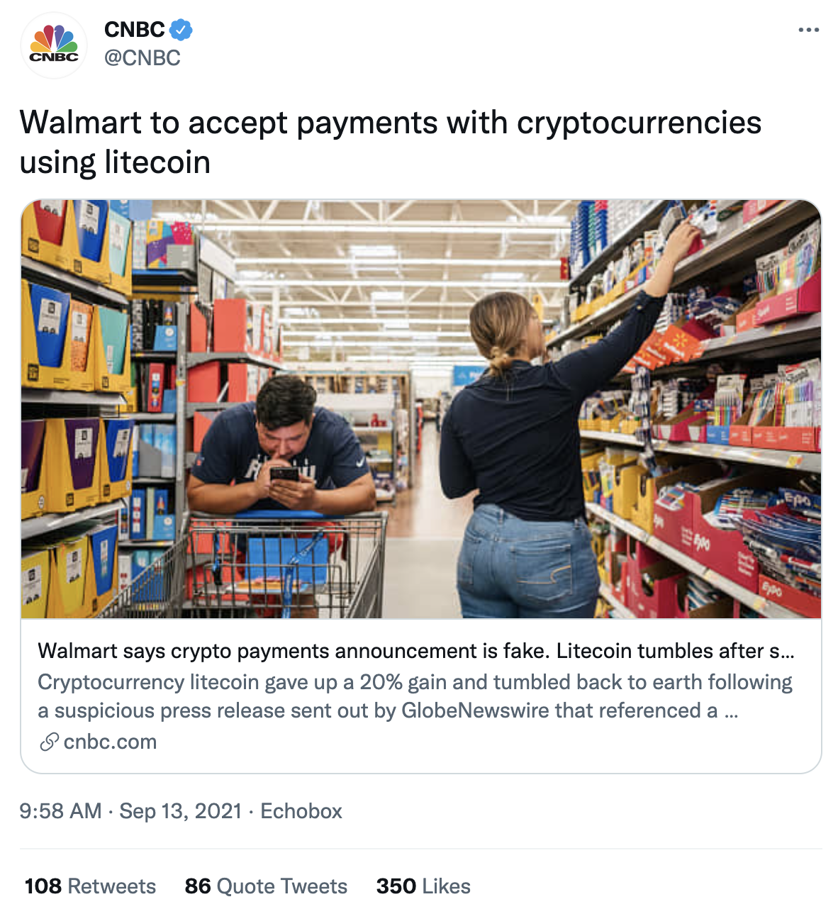 A since-deleted tweet from CNBC sharing the now-retracted Walmart story.