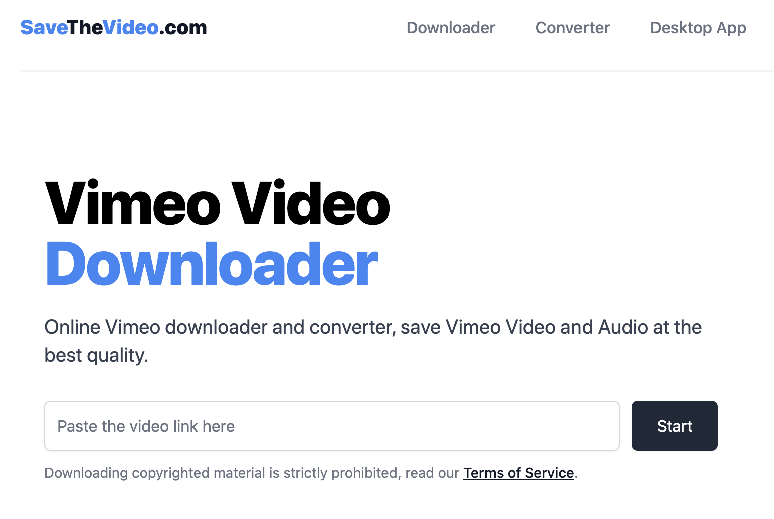 SaveTheVideo's Vimeo downloader homepage.