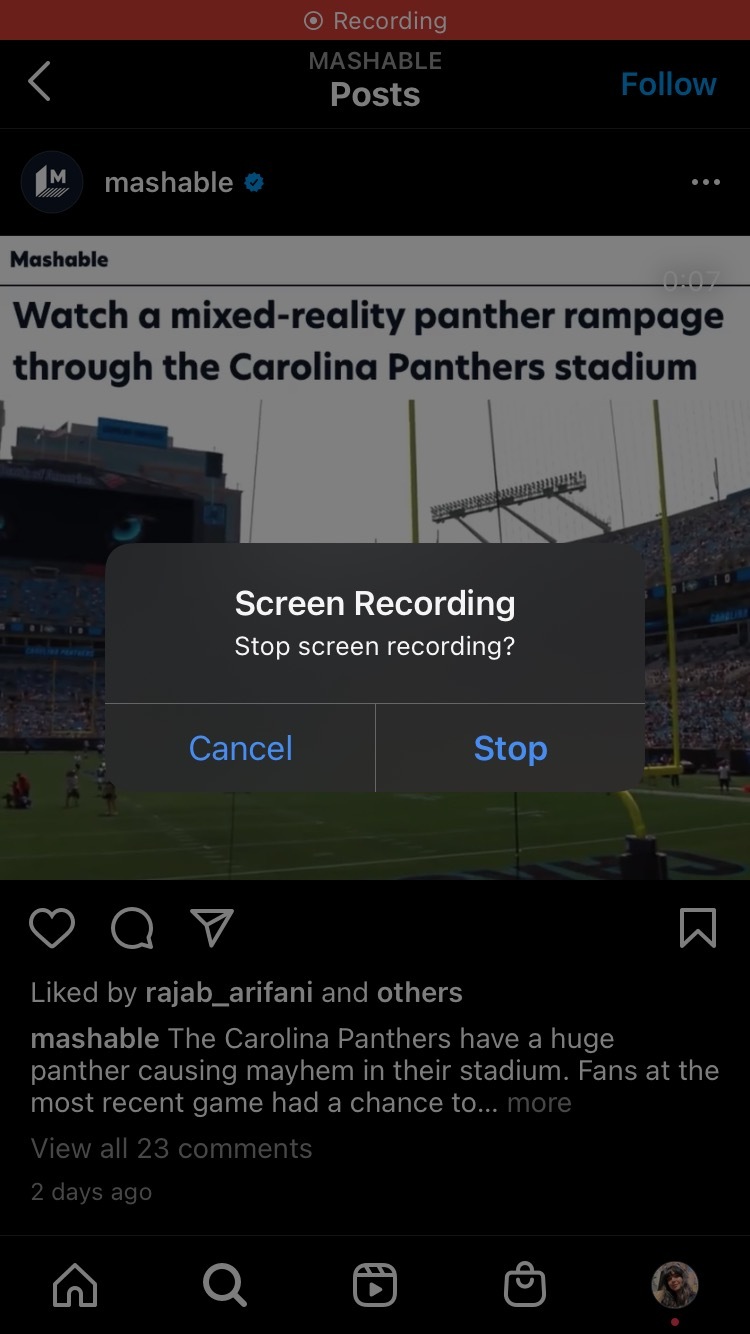 Click the red bar at the top of your screen, and then click "stop" and the video will be saved to your photos.