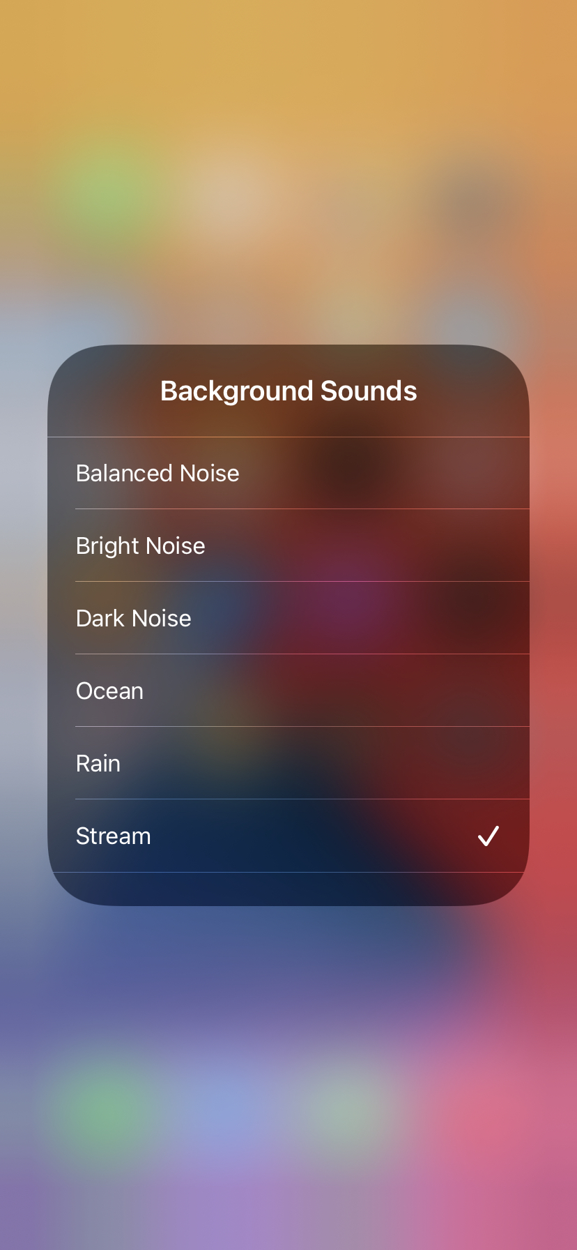 The options for Background Sounds, as displayed once the feature is added to your Control Center.