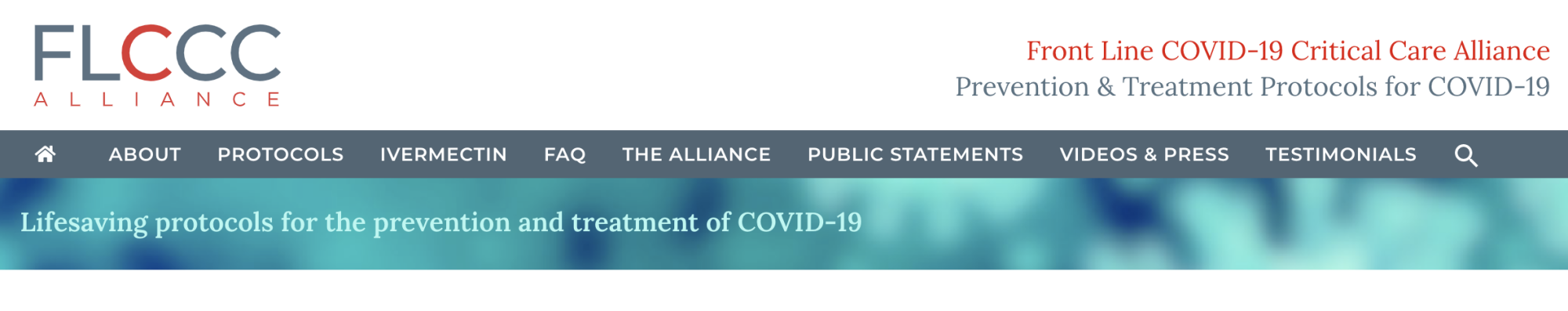 A screenshot of the FLCCC homepage showing the Ivermectin section on the website's main menu.