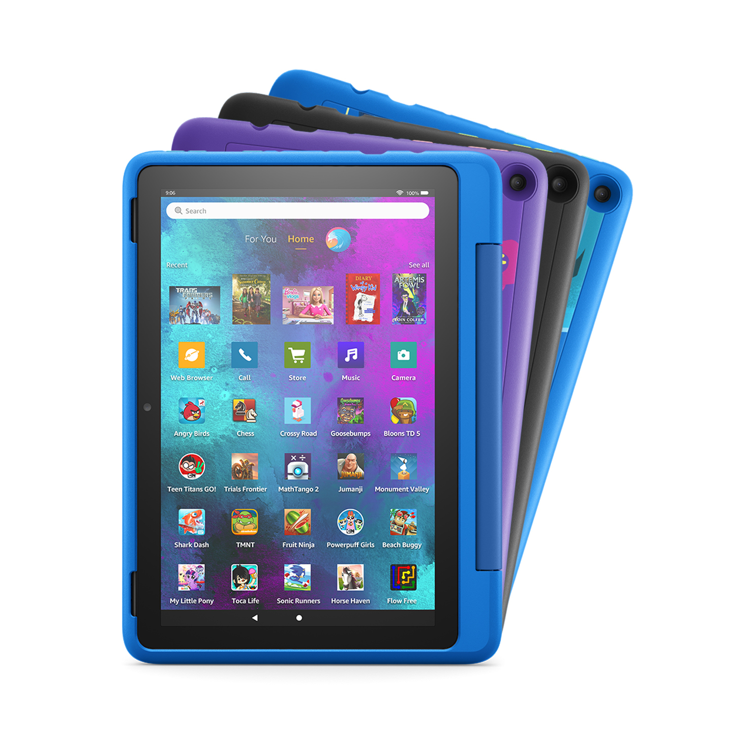 four tablets stacked displaying different case color options