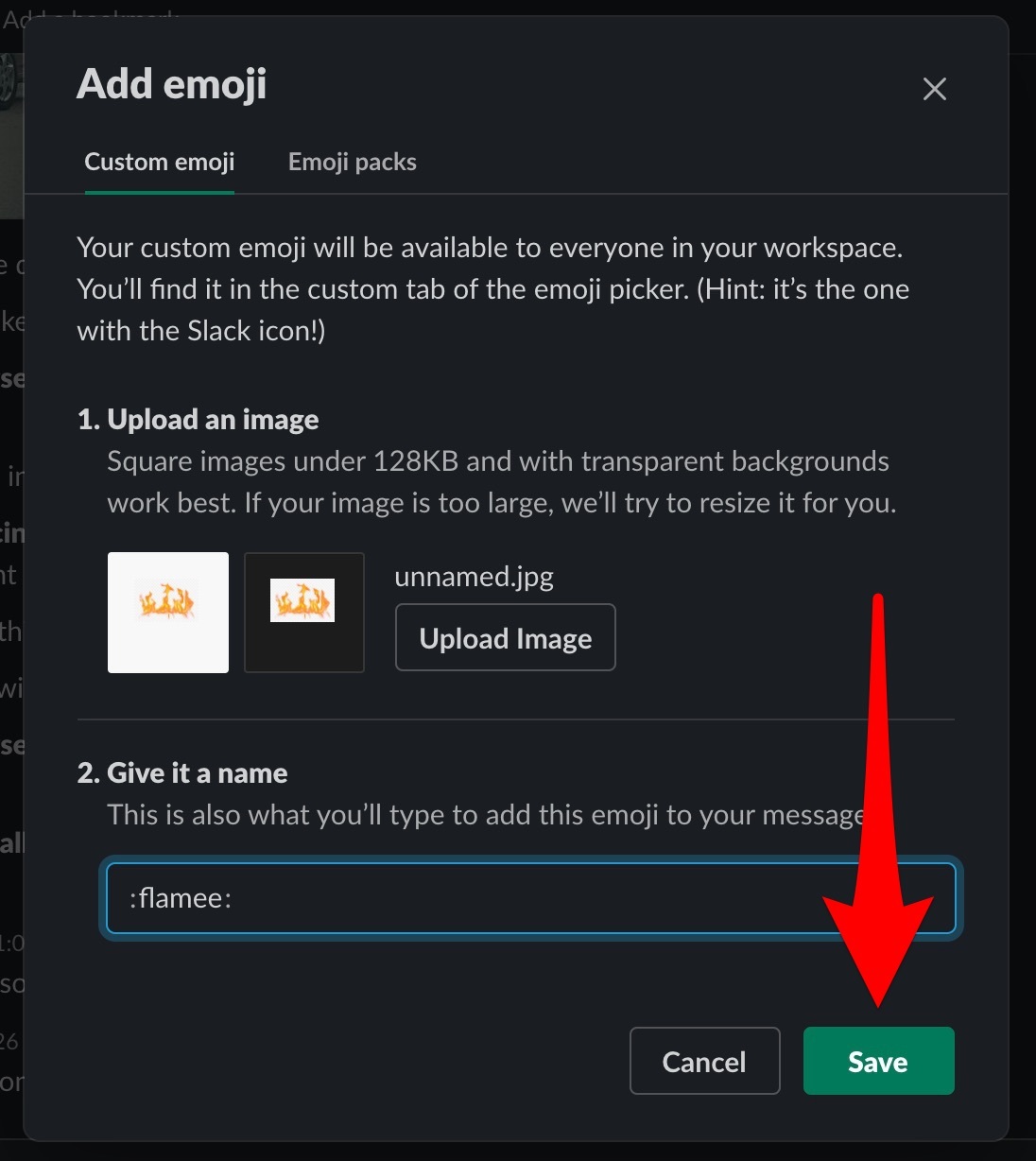 Select "Save" to save your custom emoji.