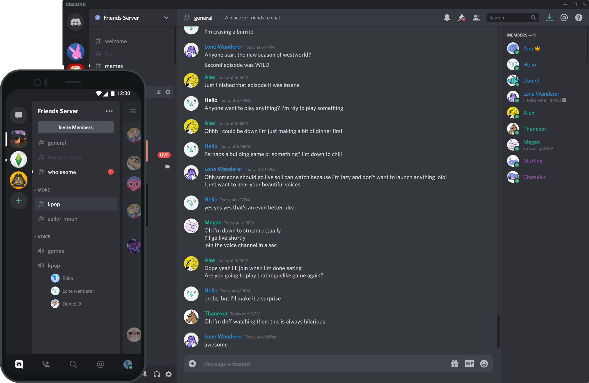 This is how a Discord server looks like on both desktop and mobile device.