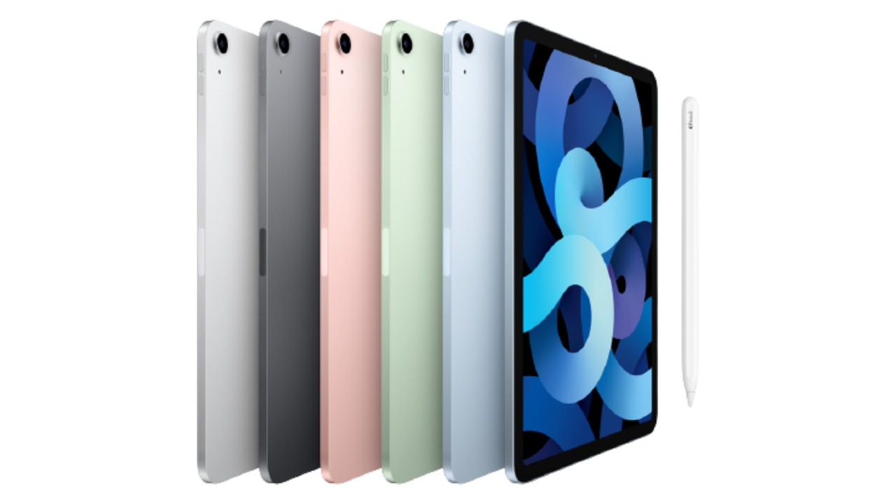 six ipad airs in different colors next to apple pencil