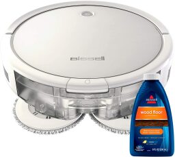 white bissell robot vacuum with bottle of floor cleaner