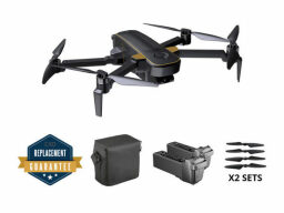 black drone with a carrying case and 2 batteries