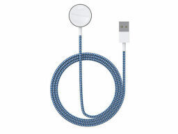 Blue and white braided apple watch charging cable