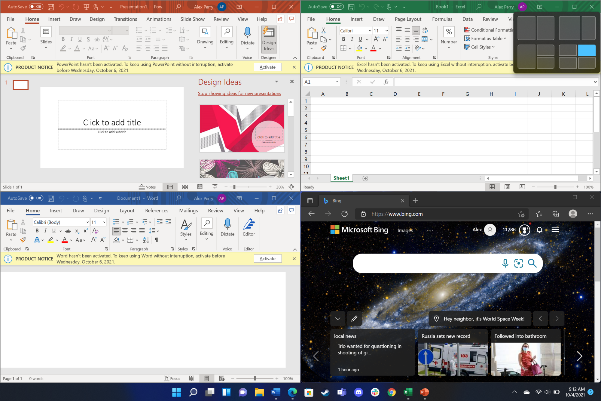 One snap grid lets you easily divide the screen into four equally sized windows for a frankly overwhelming amount of productivity.