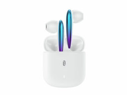 white earbuds with metallic blue and purple stems