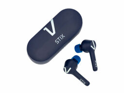 navy blue earbuds with stems next to charging case