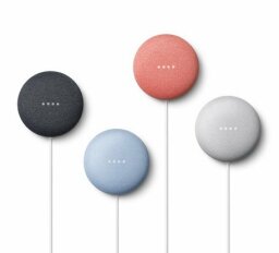 all four colors of the google nest mini lined up next to each other