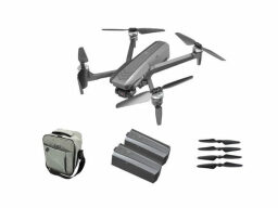 silver drone with a carrying case, two batteries, and 4 spare propellers