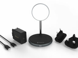 magnetic wireless dock surrounded by cable and power adapted