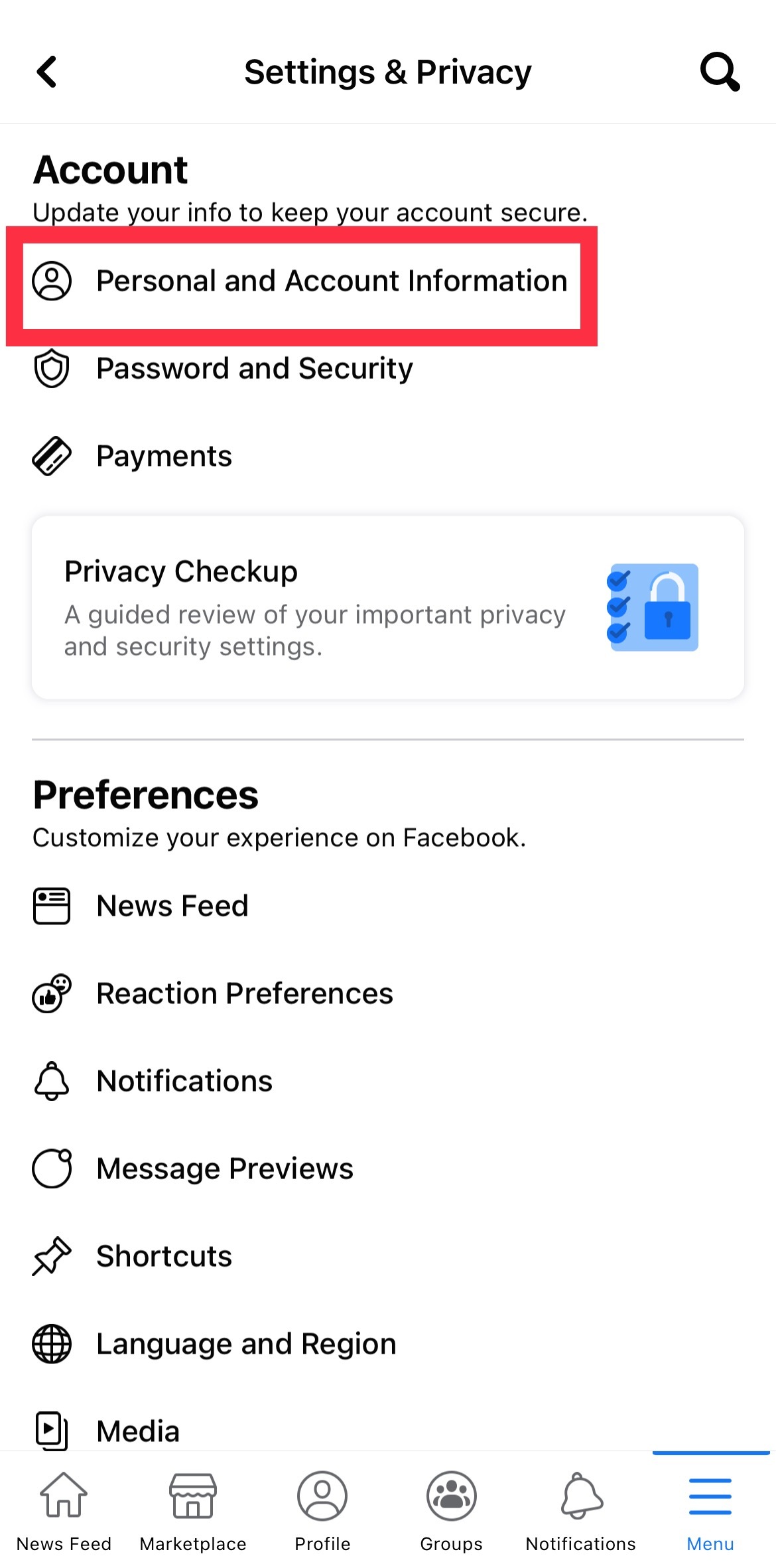 Tap "Personal and Account Information" under your "Account" settings