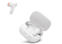 white JBL Live PRO+ true wireless earbuds in charging case