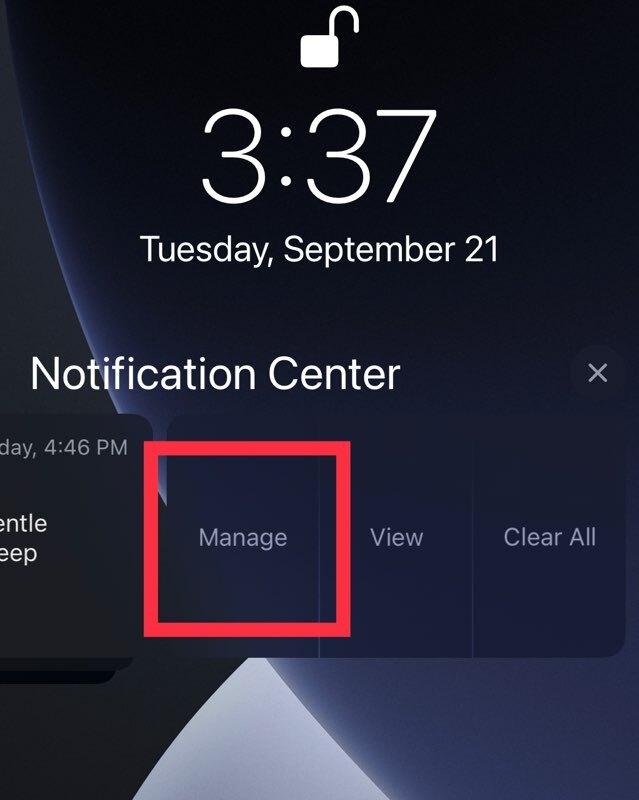 Swipe left on the notification and tap "Manage"