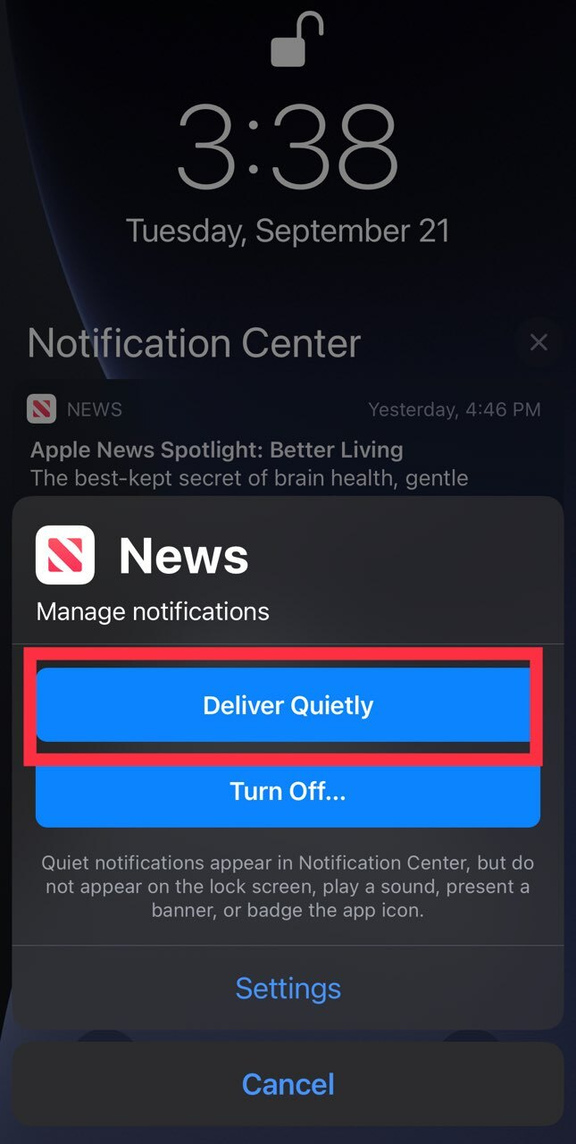 Tap the option that says "Deliver Quietly"