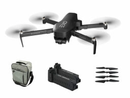 a black drone with a gray carrying case, two batteries, and four propellers