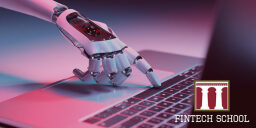 robot hand hitting spacebar on laptop with FinTech School logo in bottom corner of photo