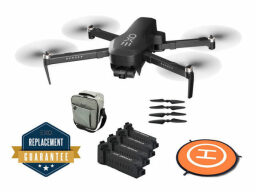 a black drone with a gray carrying case, four propellers, two batteries, and an orange landing pad