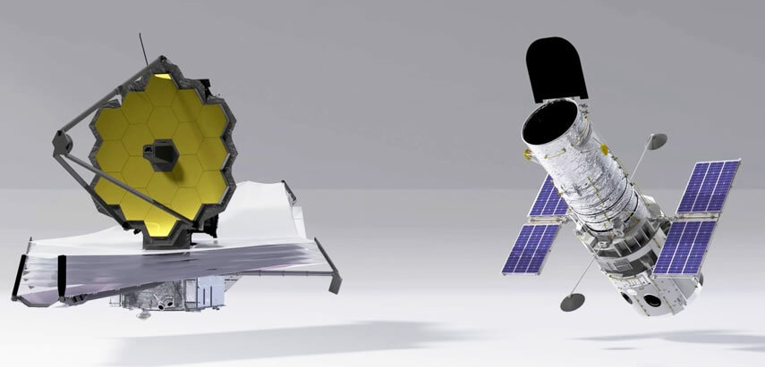 The James Webb Space Telescope on left, and the Hubble Space Telescope on right.