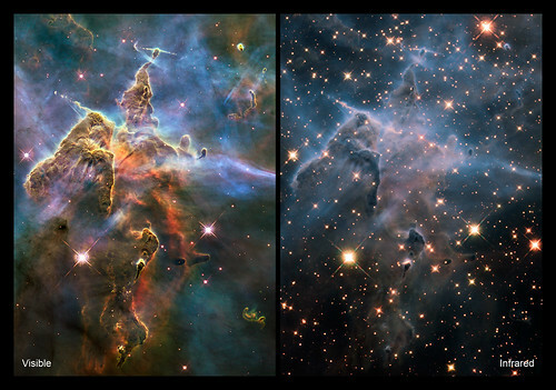 The Carina Nebula viewed in visible light (left) and infrared (right).